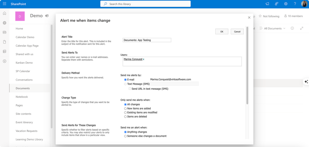 “Alert me” settings window