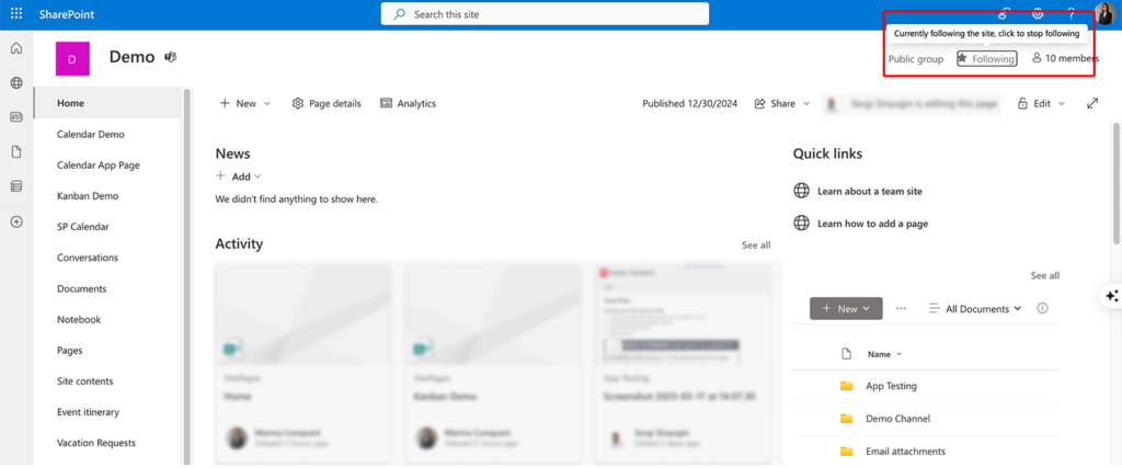 Following a particular site in SharePoint