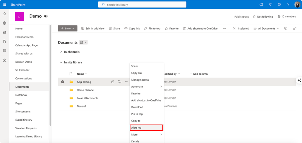 Navigating to “Alert me” in SharePoint document library