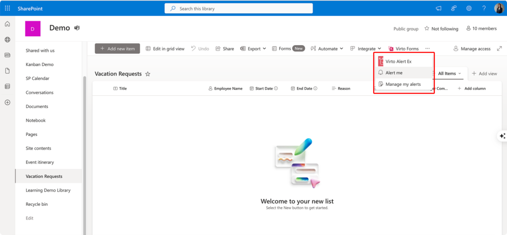 Navigating to “Alert me” in SharePoint list