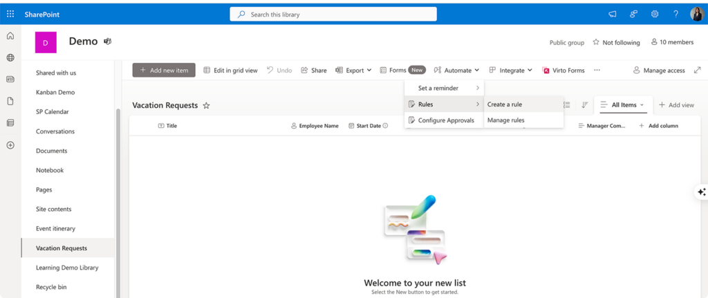 Navigating to the “Create a rule” setting in the “Automate” section