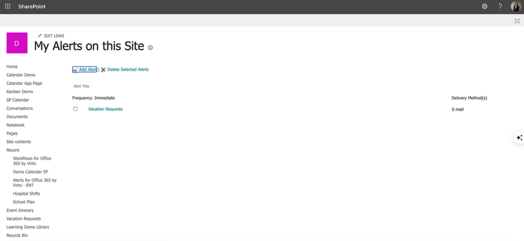 Navigating to the “My Alerts on this Site” settings