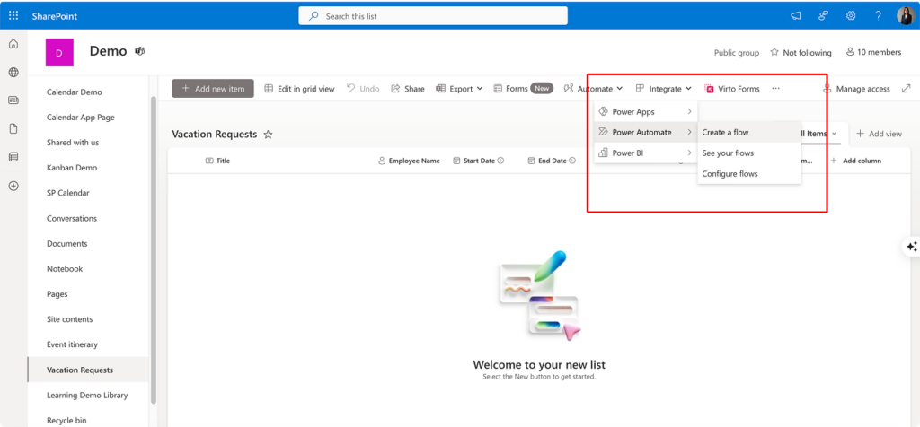 Navigating to the “Power Automate” option in a SharePoint list