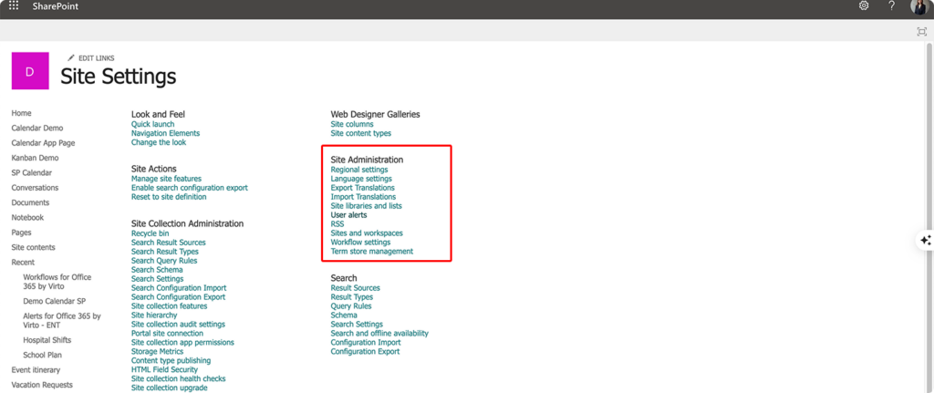 Navigating to the “User alerts” option in “Site Settings”