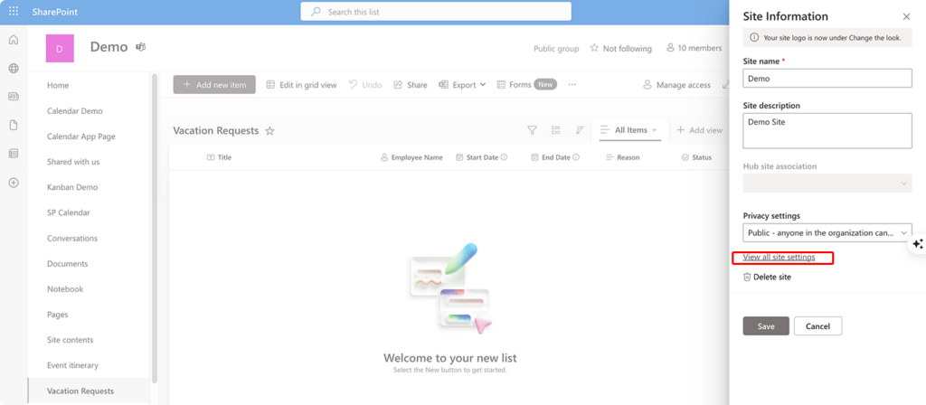 Navigating to the “View all site settings” in the “Site Information” menu