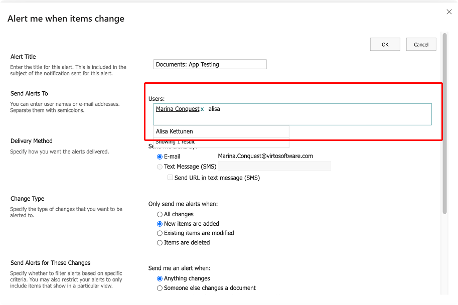 Selecting people to receive alerts in SharePoint