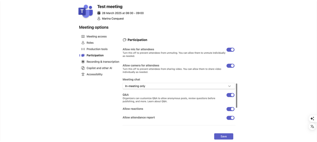 Configuring other details like Q&A, mic and camera for attendance, and so on