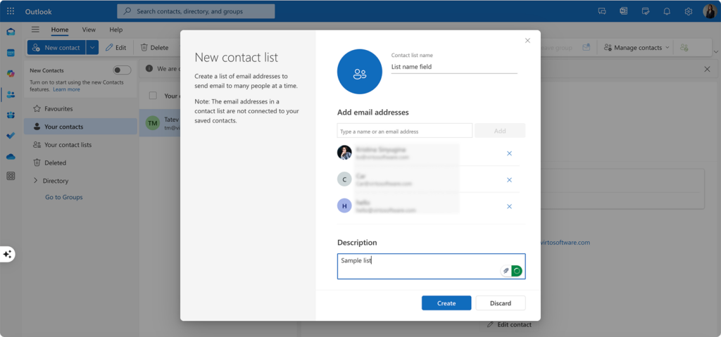 Creating a sample email list in Outlook for the web