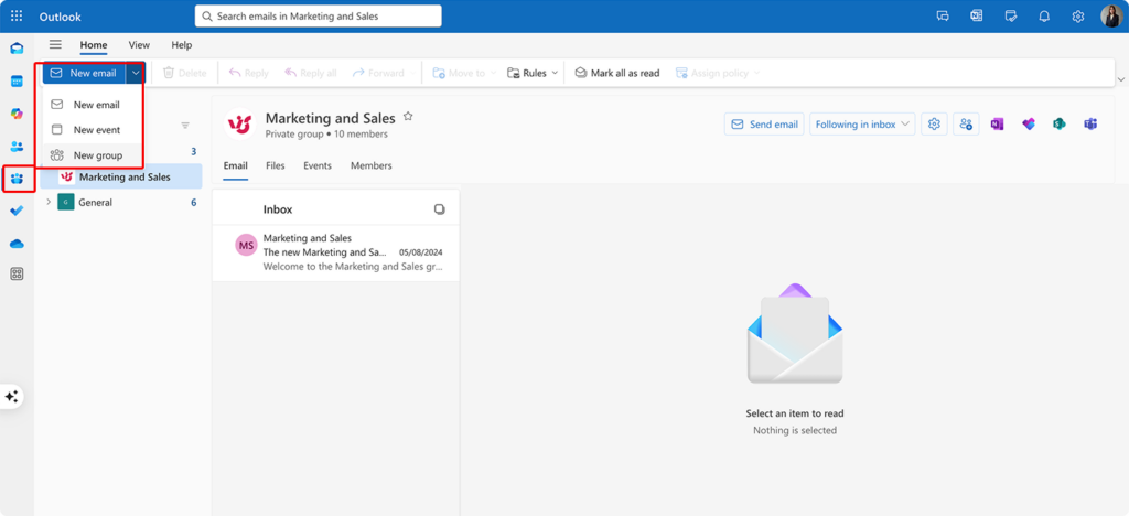 Creating new email group in Outlook for the web