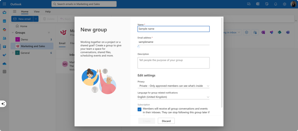 Customizing your new group settings in Outlook for the web.