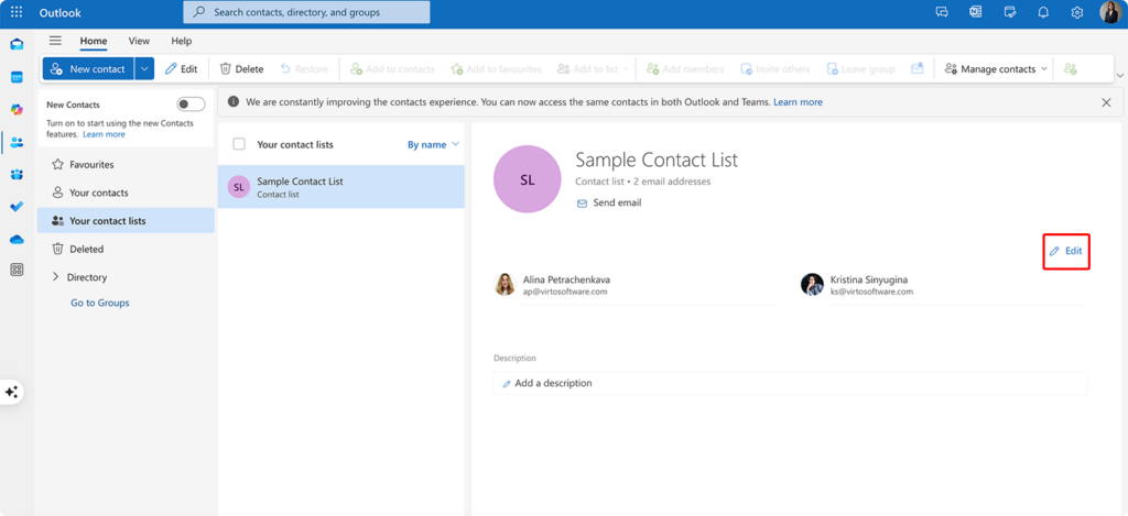 Editing a sample contact list in Outlook for the web.