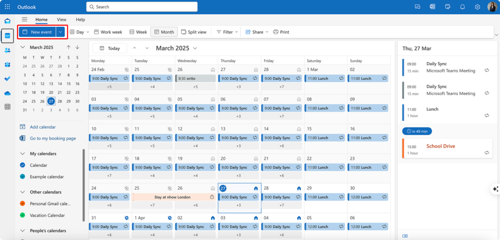 Navigating to “New event” in Outlook for the web
