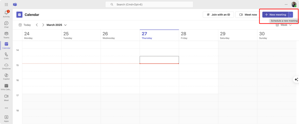 Navigating to “+New meeting” in Microsoft Teams