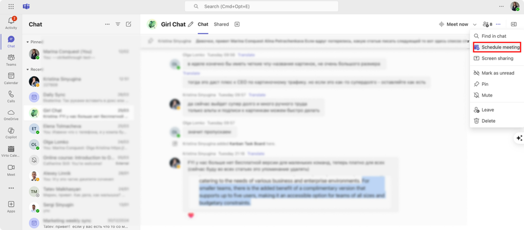 Navigating to “Schedule meeting” within a Teams chat