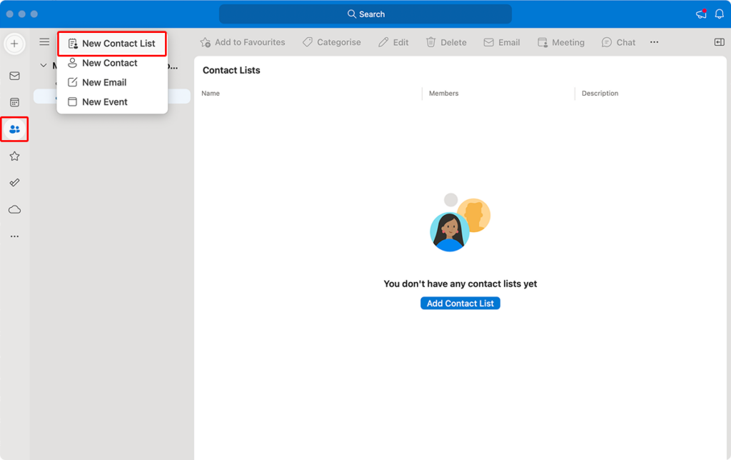 Navigating to and creating a “New Contact List” in Outlook for Mac