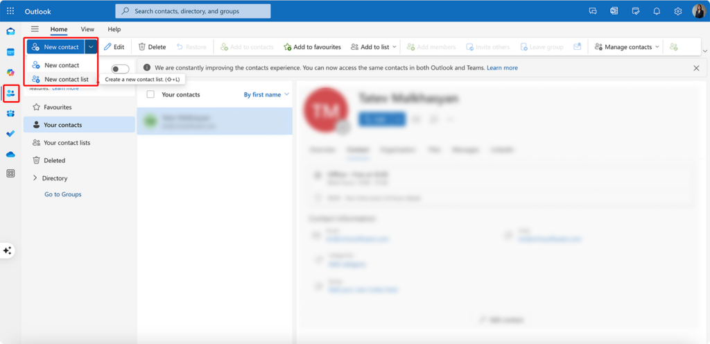 Navigating to and creating a “New contact list” in Outlook for the web