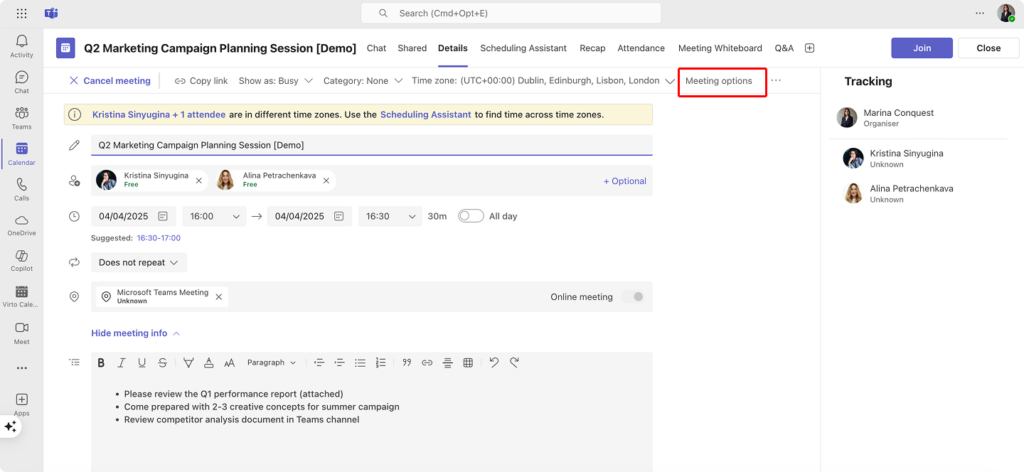Navigating to the “Meeting options” in Teams