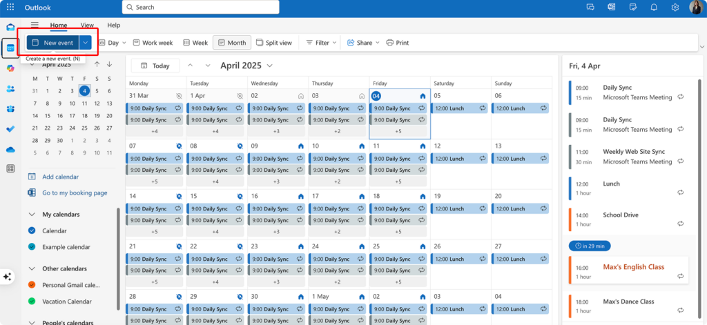 Navigating to the “New event” in Outlook