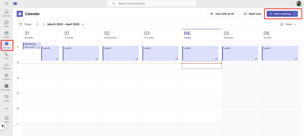 Navigating to the “New meeting” button in Teams