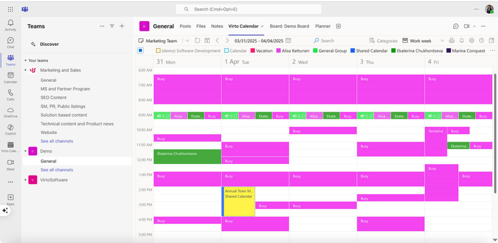 Sample Virto Calendar within Teams