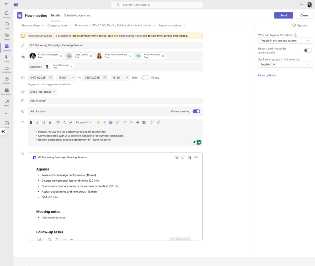 Sample meeting details in Teams
