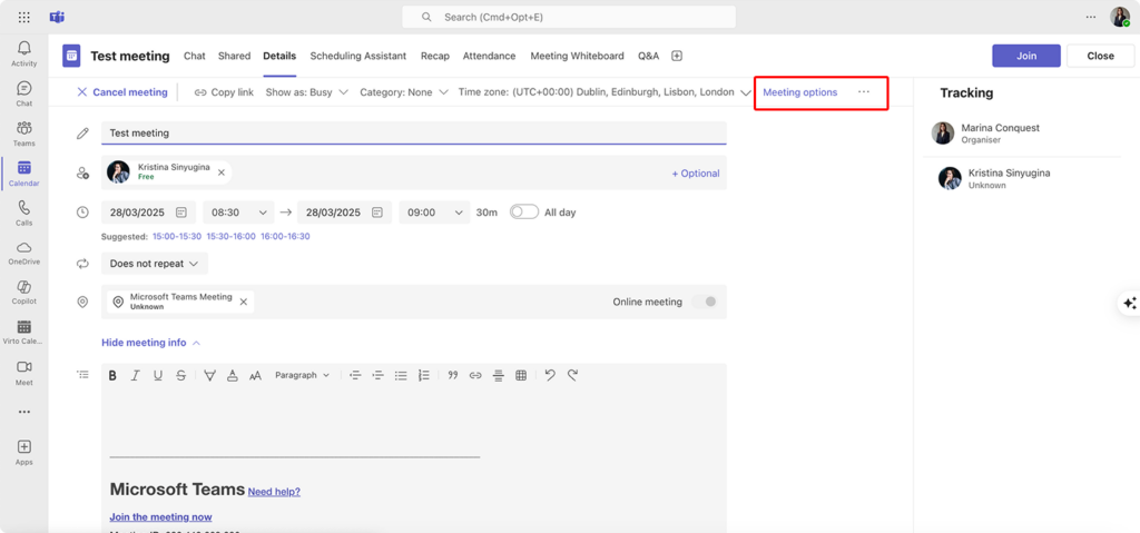 Scheduling a Teams meeting in Outlook mobile app