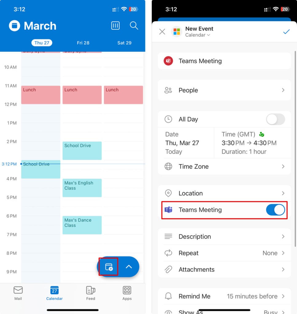 Scheduling a Teams meeting in Outlook mobile app