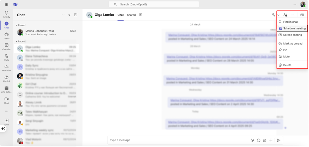 Scheduling meeting from a chat