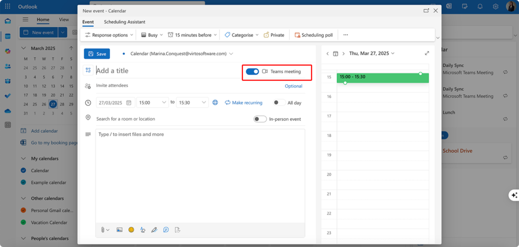 Toggling on “Teams meeting” option