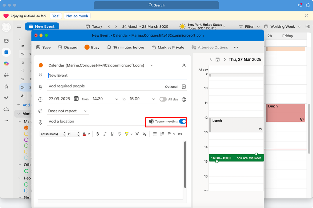 Toggling on “Teams meeting” option in Outlook for Mac
