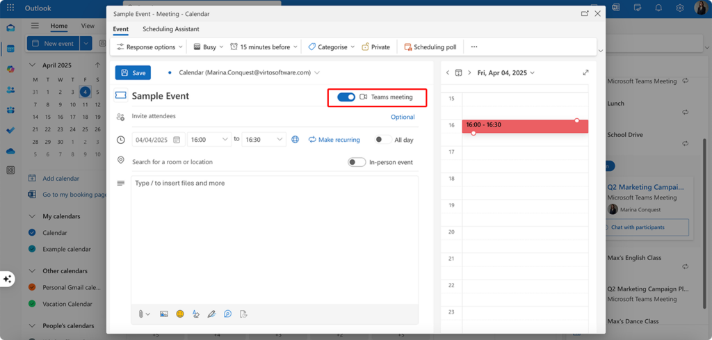 Toggling the “Teams meeting” on