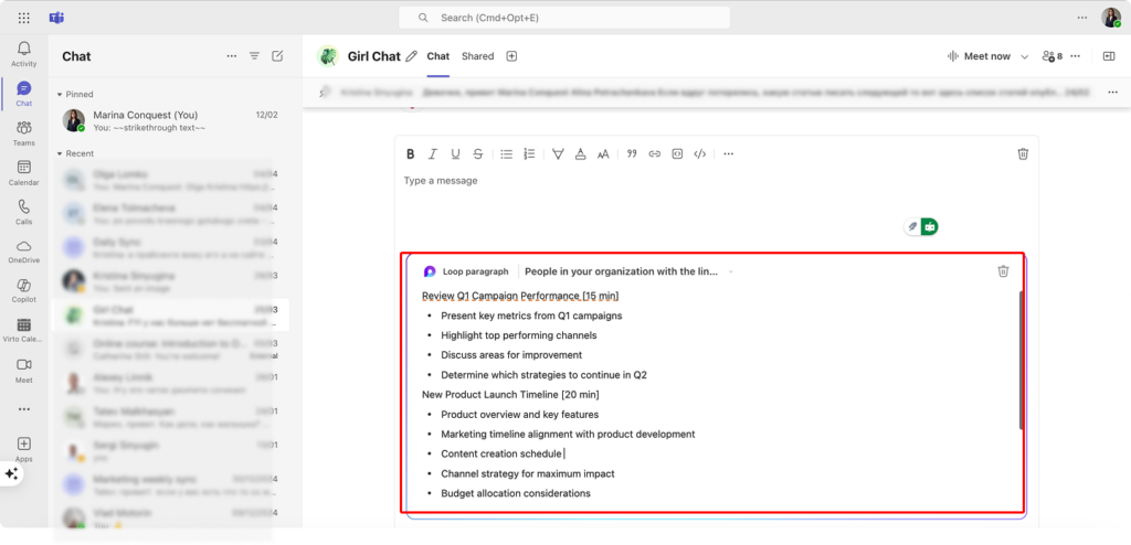 Using a Loop component within a Teams chat