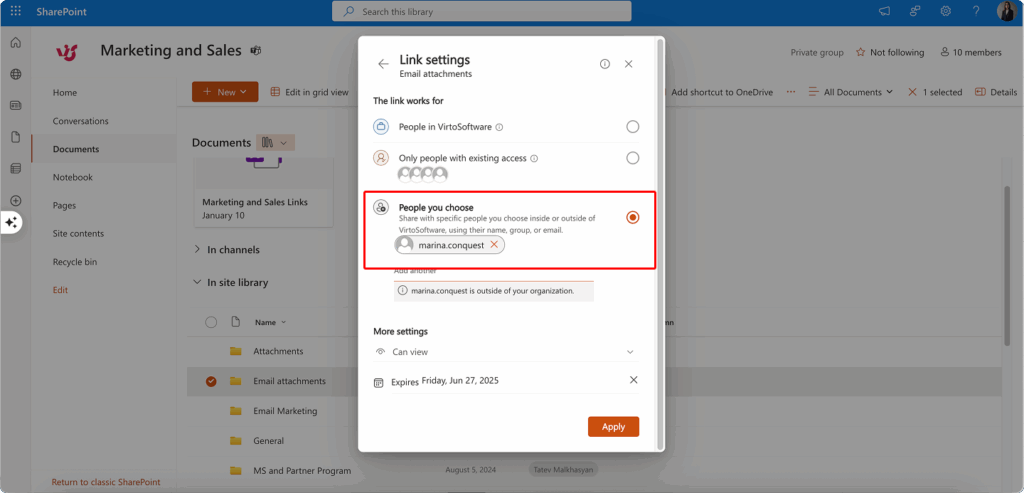 Pic. 4. Sharing a document or folder with people externally.