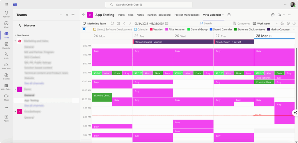 Example Virto Calendar within Teams.