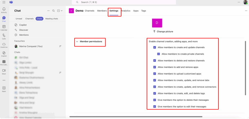 Managing permissions within the Teams admin settings.\u00a0