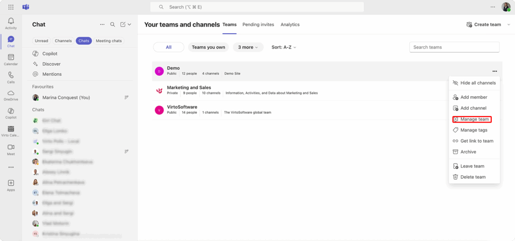 Navigating to the “Manage team” section in Teams.\u00a0