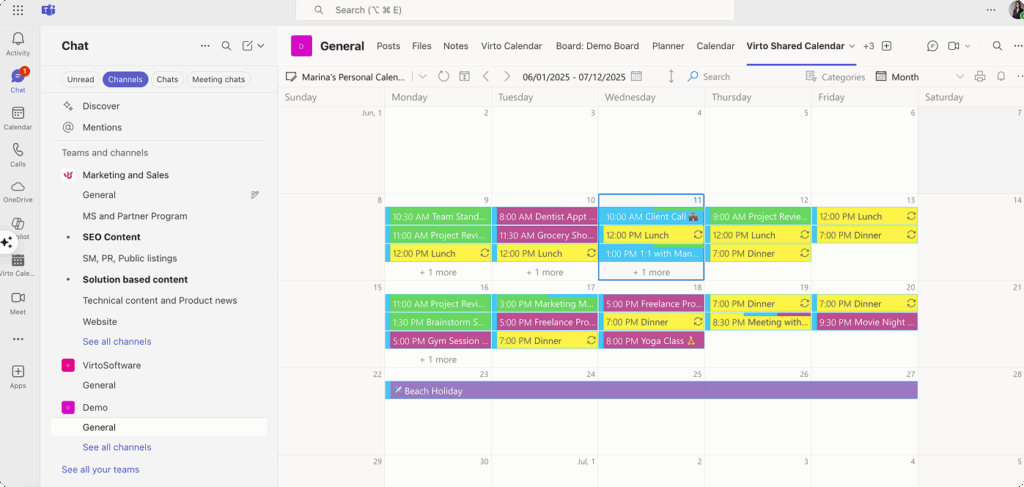 Sample Virto Shared Calendar in Teams