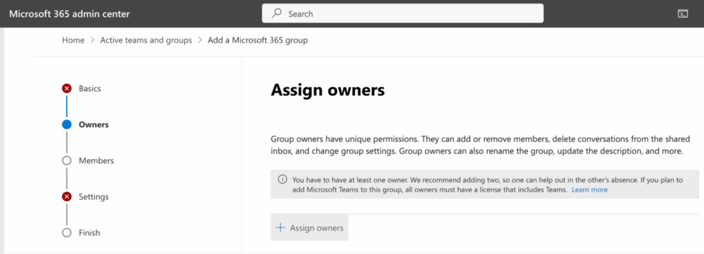 Assigning onwer when adding a Microsoft 365 group