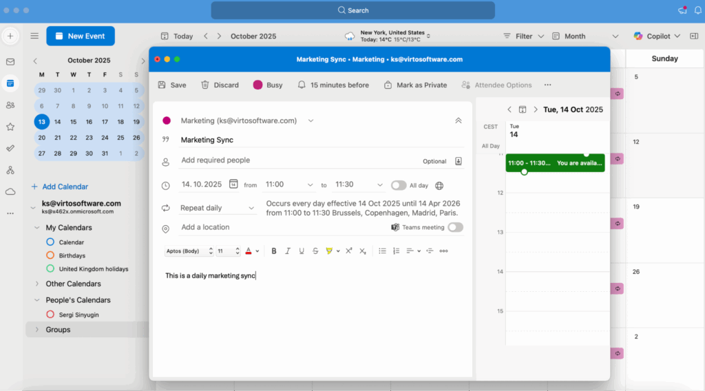 Creating recurring events in Outlook