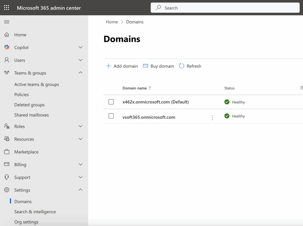 Domains in M365 admin center