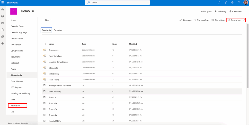 Finding the recycle bin on a SharePoint site