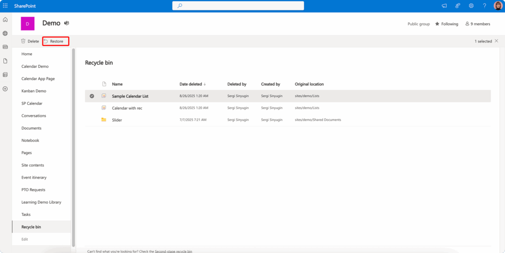Restoring files from the recycle bin