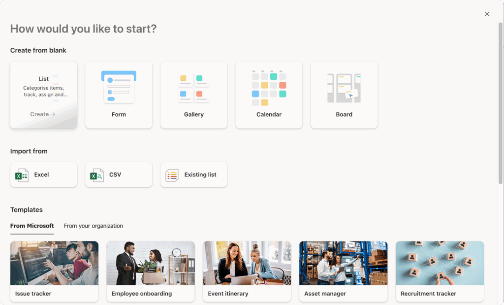 Selecting among templates or creating a blank list